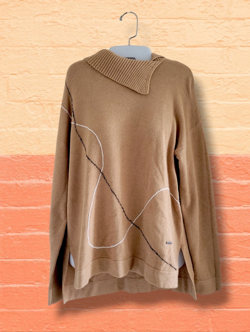Picadilly | NWT Relaxed Tan Knit Contrast Stitch Asymmetric Cowl Neck Sweater